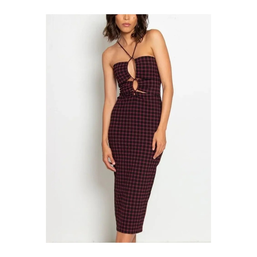 NWT Rachel Comey Indra Textured Plaid Midi Dress Womens 10 Ruched Bodycon Cutout
